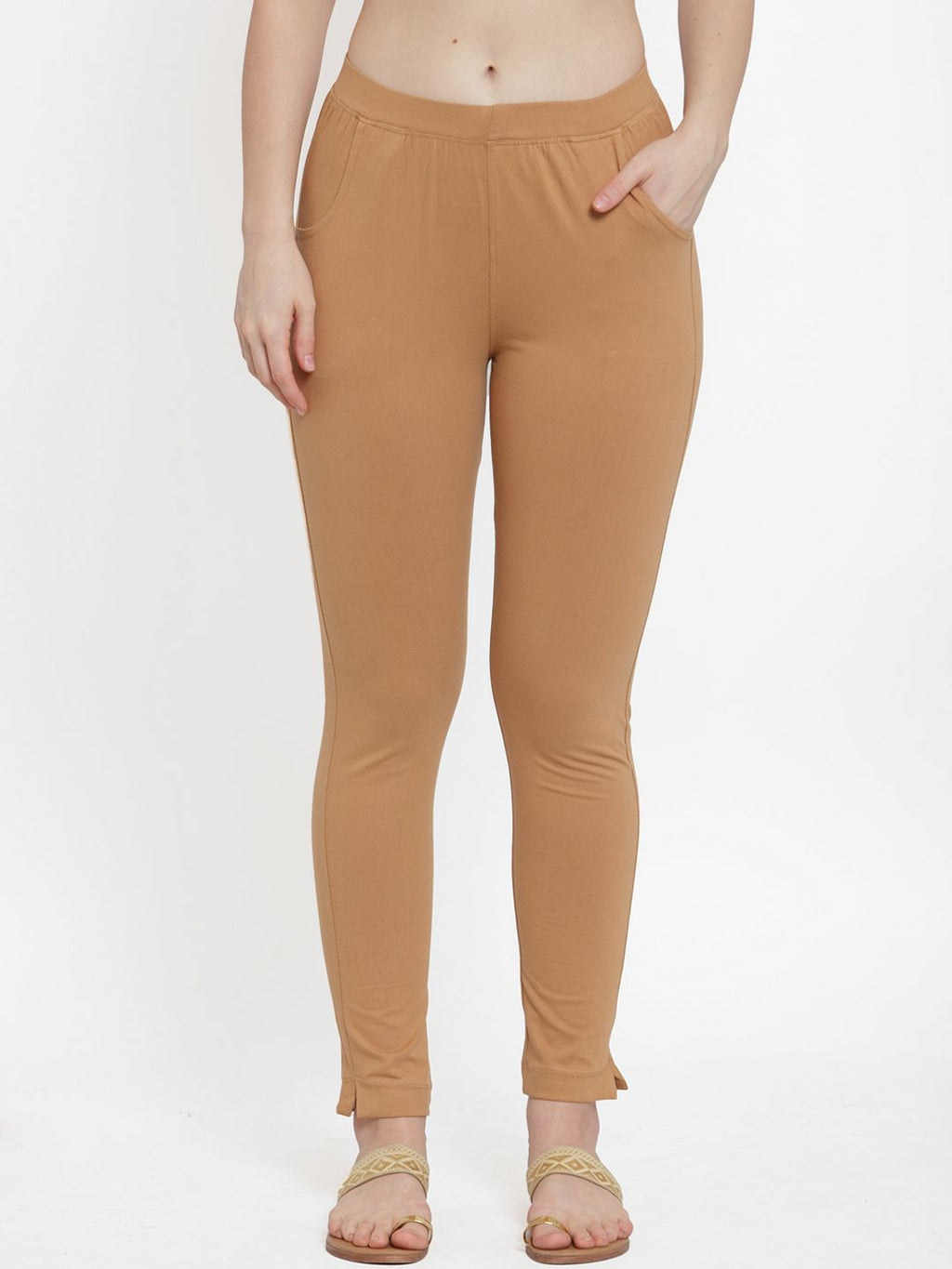 TAG 7 Women Beige Solid Ankle-Length Leggings | Grocsy
