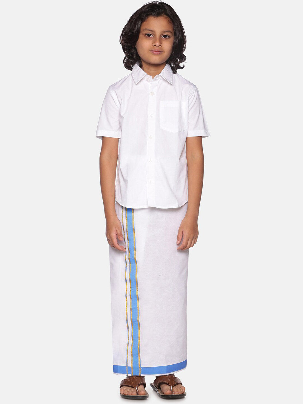 Sethukrishna Boys White Pure Cotton Shirt with Readymade Dhoti | Grocsy