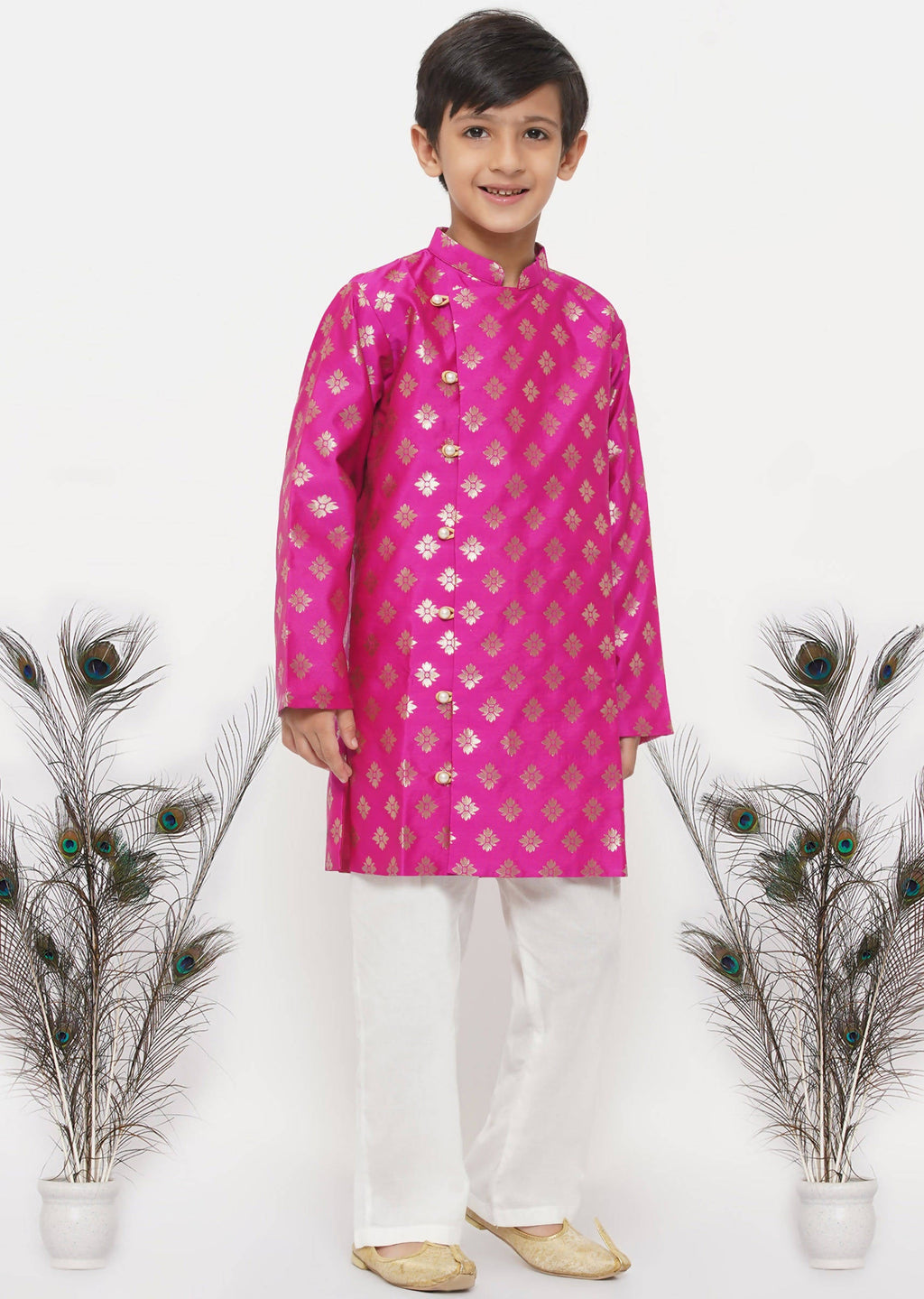 Little Bansi Boys Banarsi Silk Sherwani & Pyjama - Magenta & Cream | Grocsy
