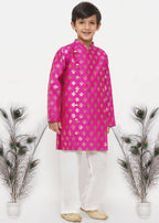 Little Bansi Boys Banarsi Silk Sherwani & Pyjama - Magenta & Cream | Grocsy