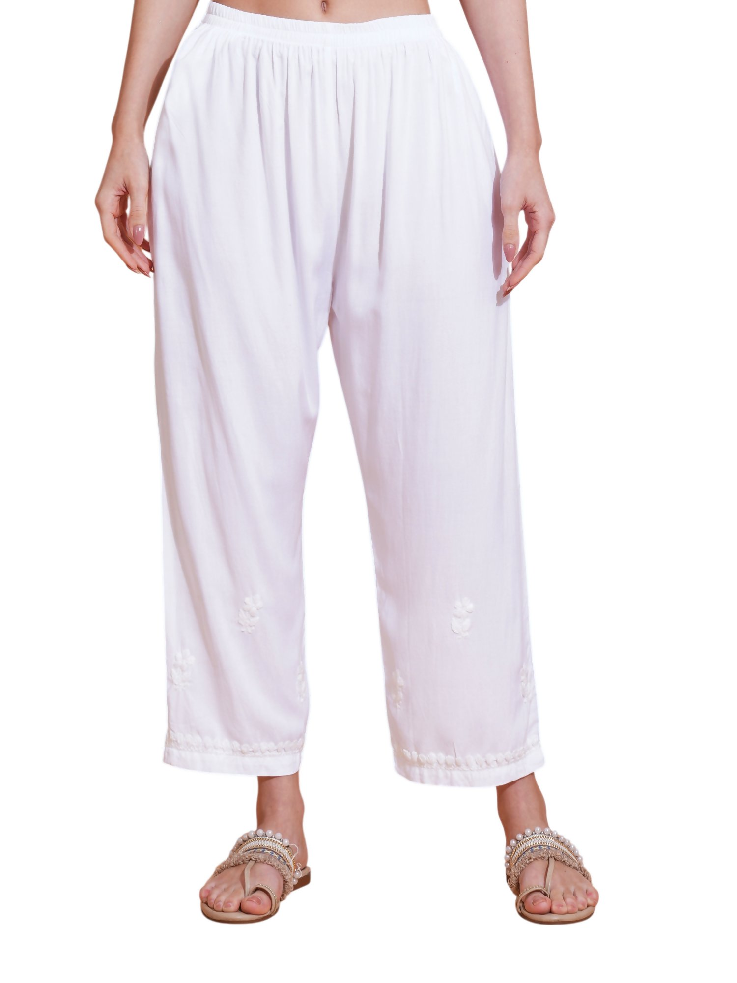 Pahnaz Luxury Rayon Chikankari Handwork Palazzo-White | Grocsy