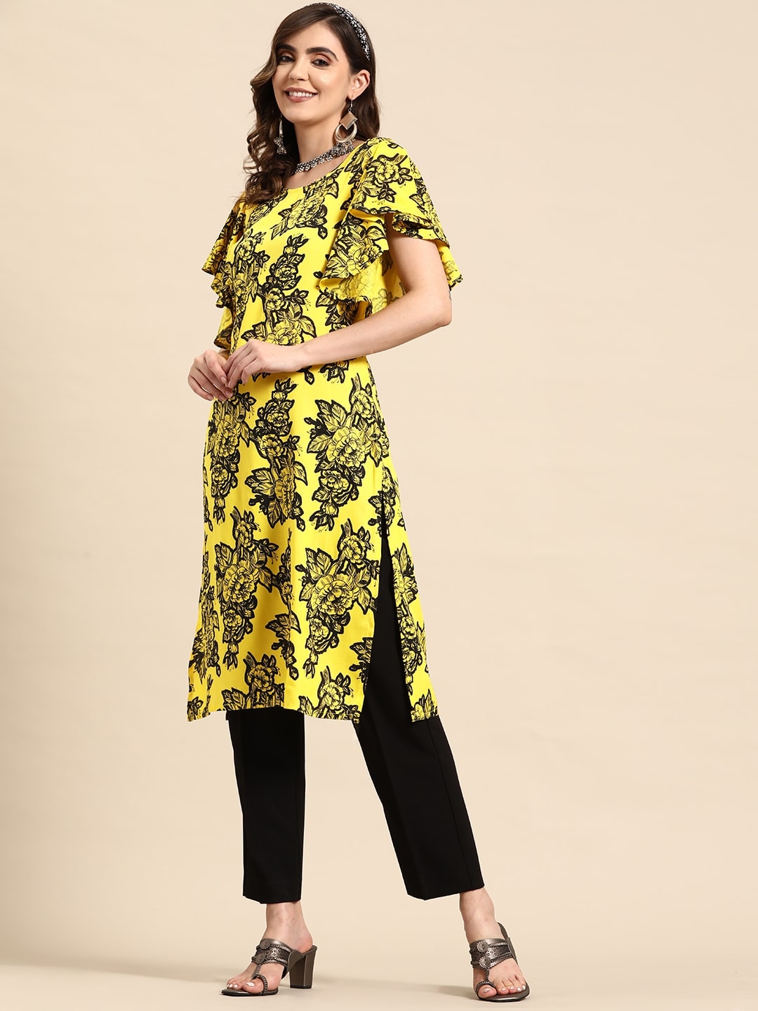 Sangria Floral Print Flutter Sleeves Kurta | Grocsy