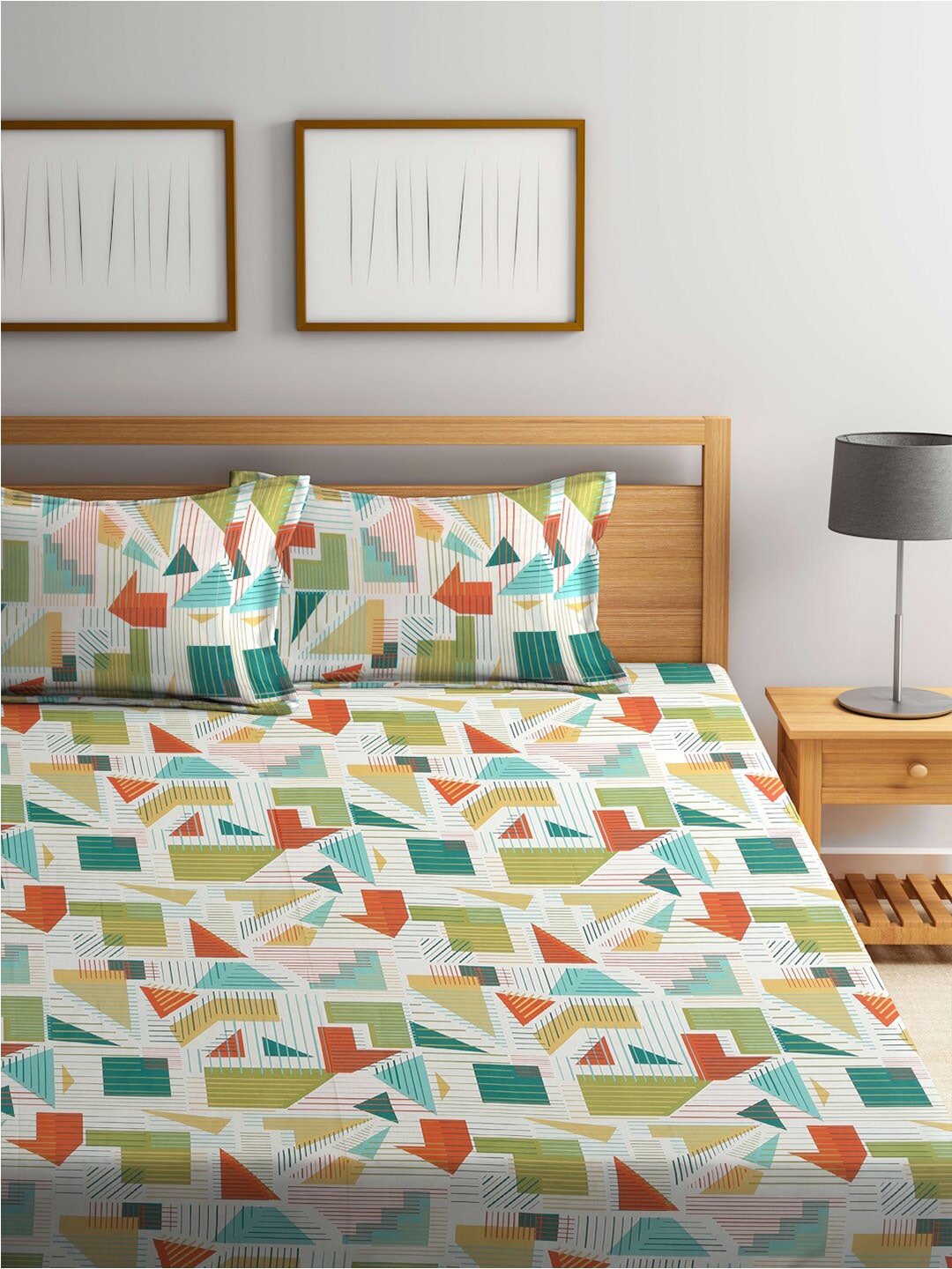 BOMBAY DYEING Serenita Yellow Geometric Cotton 144 TC King Bedsheet & 2 Pillow Covers | Grocsy