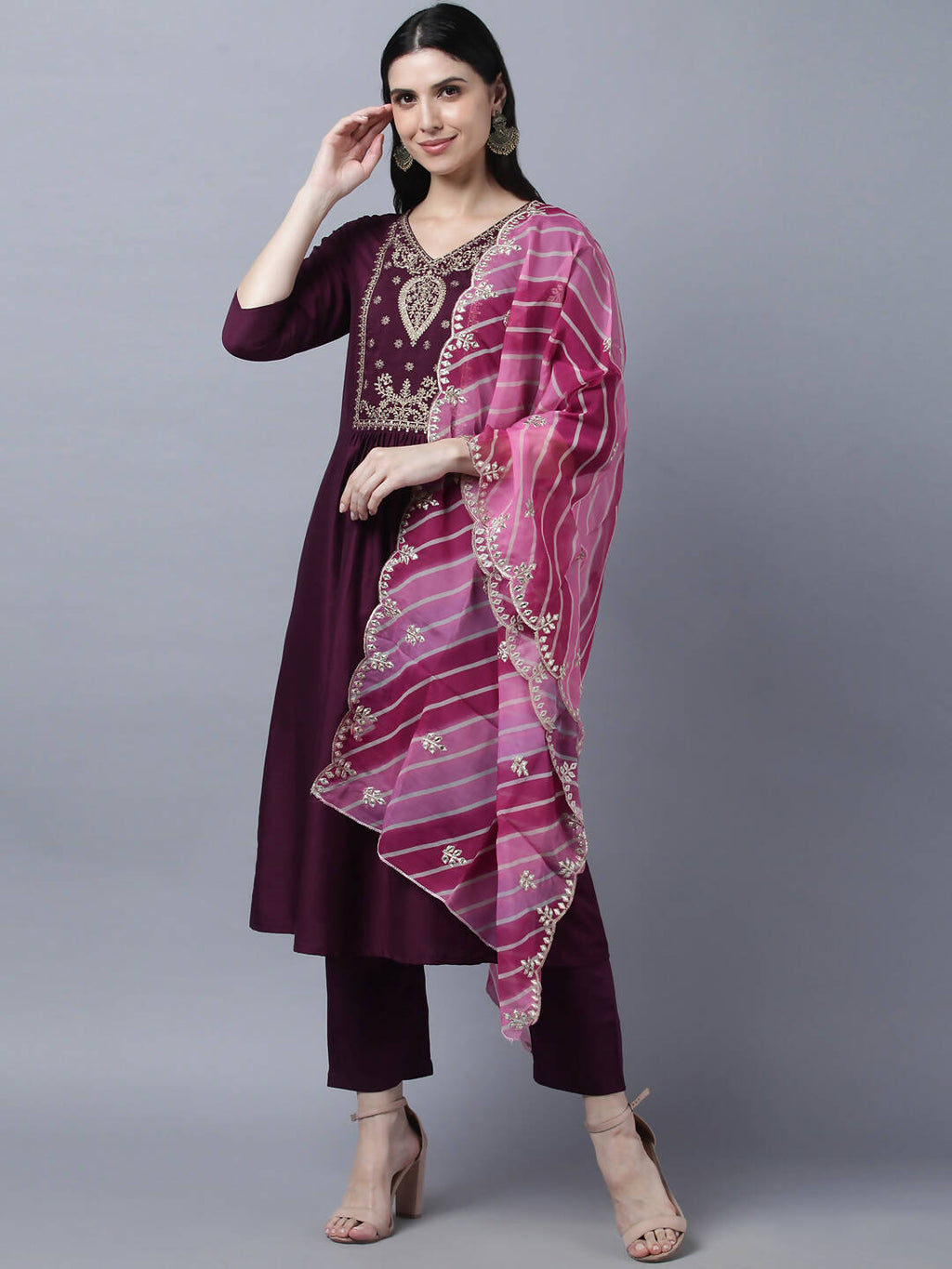 Myshka Stylish Maroon 3/4 Sleeve Women's Kurta Pant with Dupatta Set | Grocsy
