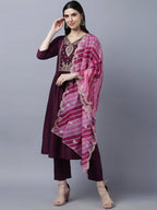 Myshka Stylish Maroon 3/4 Sleeve Women's Kurta Pant with Dupatta Set | Grocsy