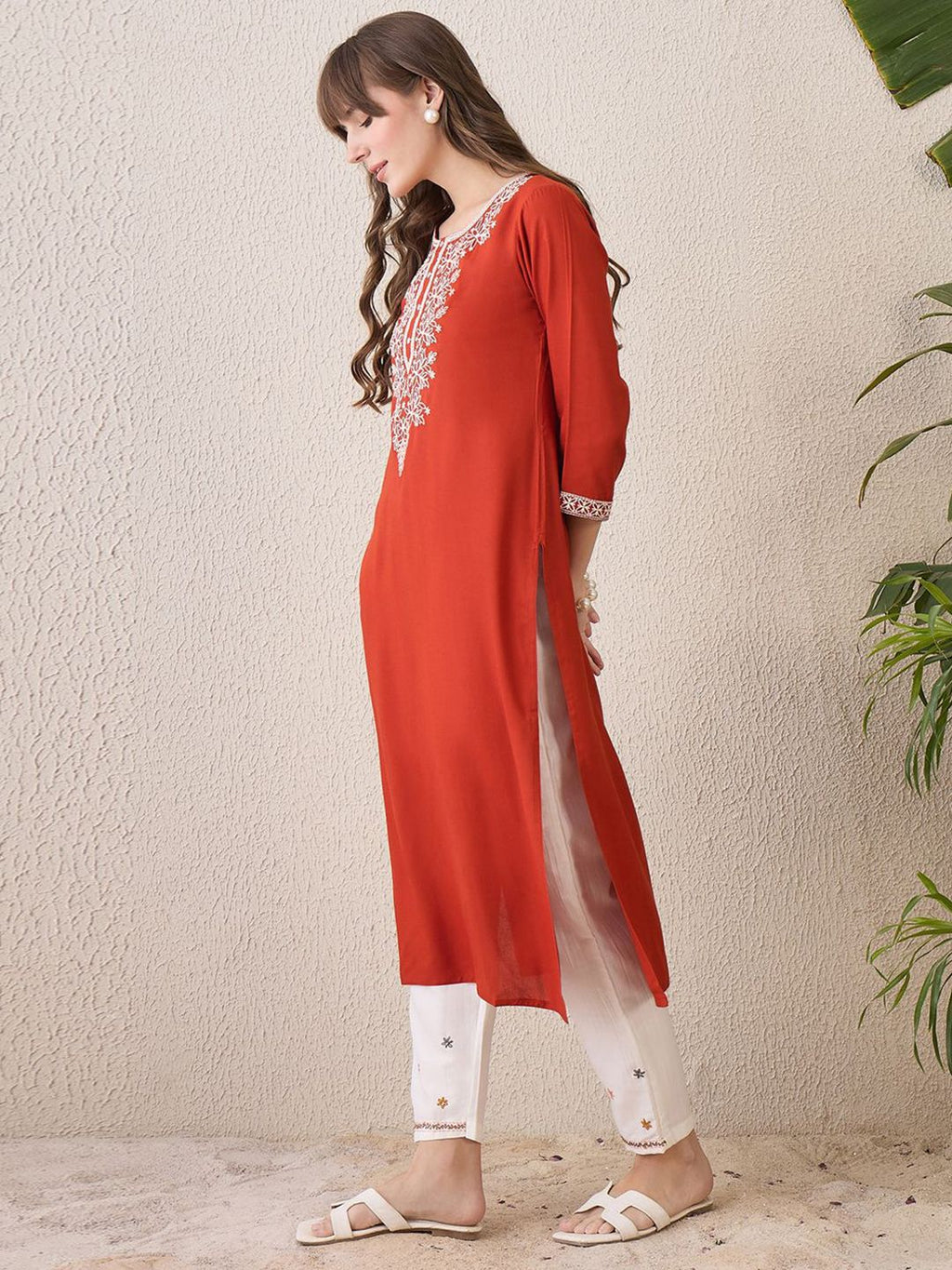 Indo Era Floral Yoke Design Thread Work Cotton Straight Kurta | Grocsy
