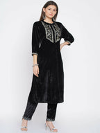 Women Republic Black Velvet Embroidered Kurta With Pants | Grocsy