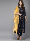 HERE&NOW Women Navy Blue & Gold-Toned Printed Kurta with Churidar & Dupatta | Grocsy