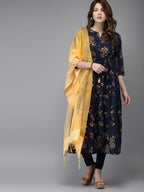 HERE&NOW Women Navy Blue & Gold-Toned Printed Kurta with Churidar & Dupatta | Grocsy