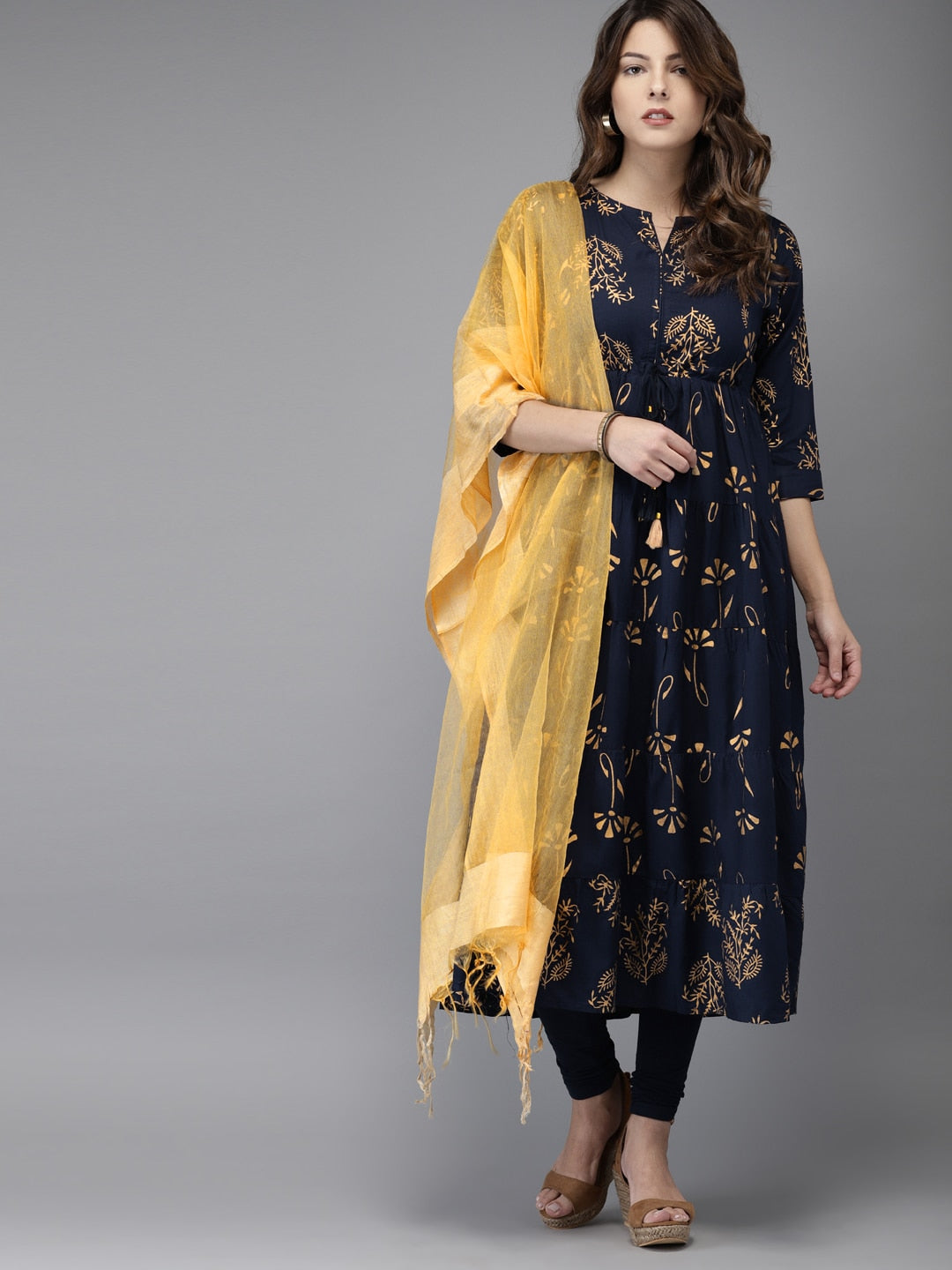 HERE&NOW Women Navy Blue & Gold-Toned Printed Kurta with Churidar & Dupatta | Grocsy