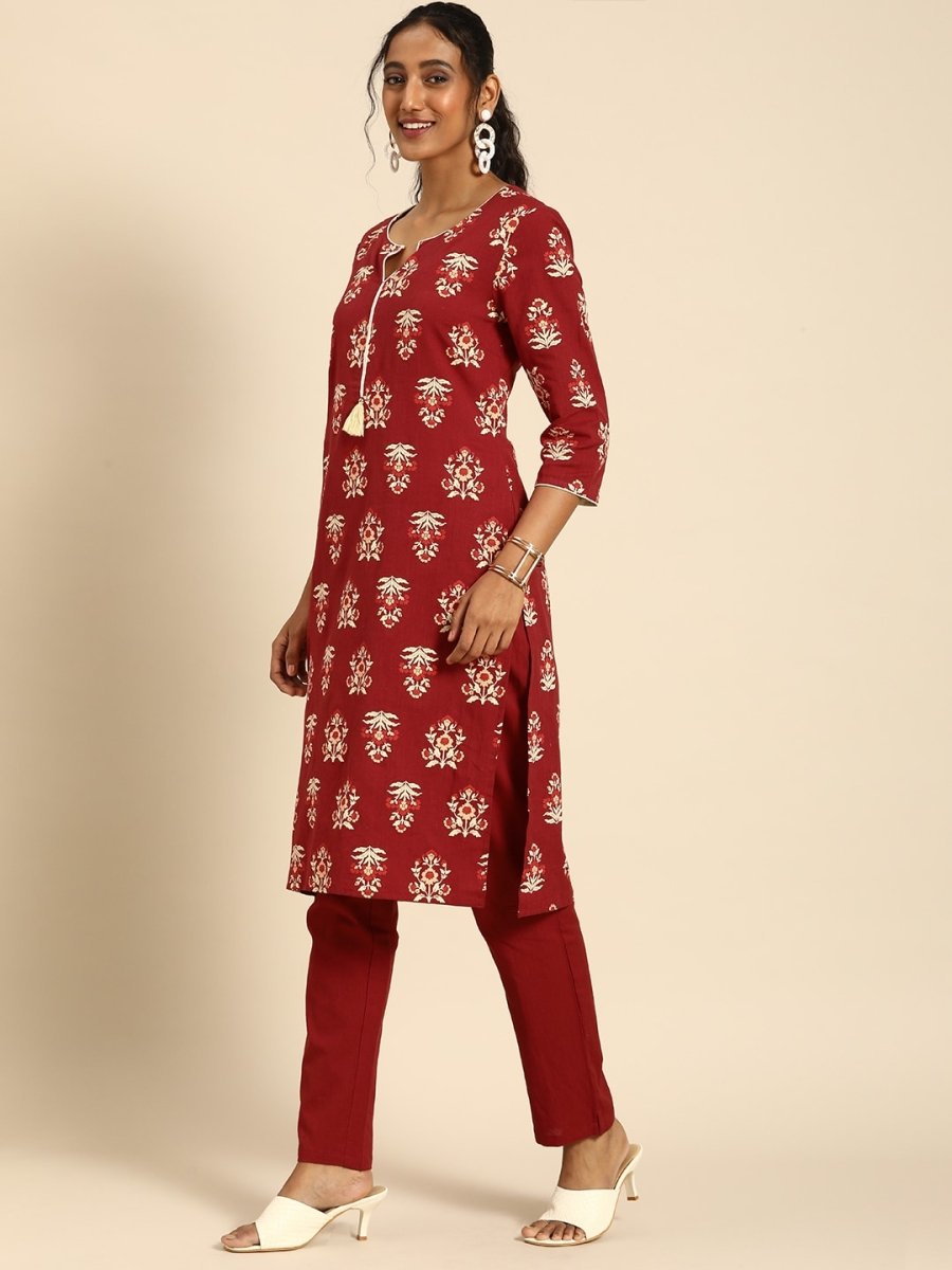 All About You Women Red Floral Printed Pure Cotton Regular Kurta with Trousers | Grocsy