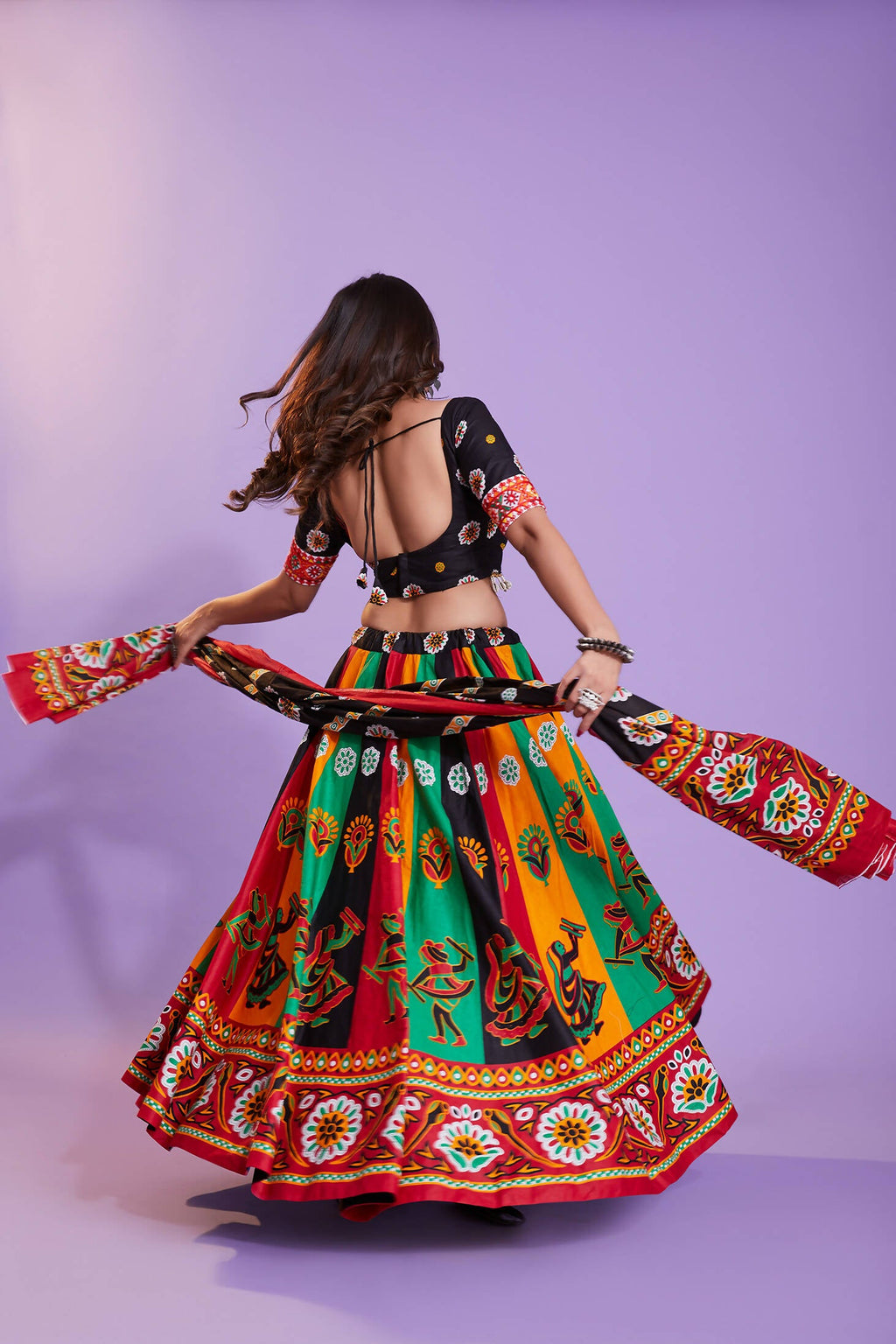 Multi Color Pure Cotton Hand Block Print Navratri Lehenga Choli with Dupatta - Raas | Grocsy