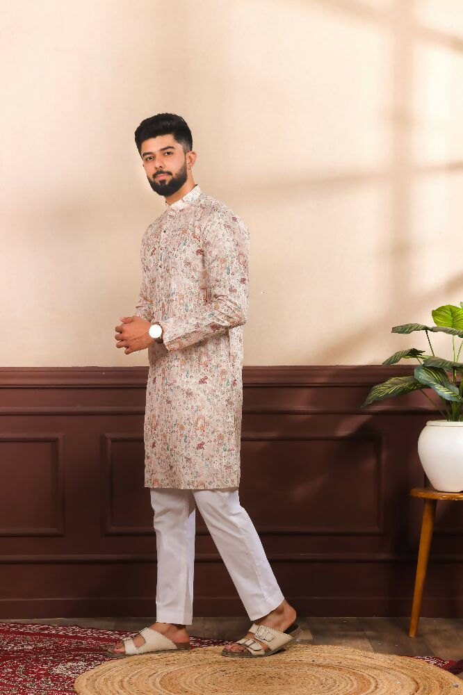 Beige Art Silk Digital Printed, Embroidery Work Kurta Set - Mahotsav | Grocsy