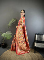 Joban Fashion Peach Intricate Floral & Foliate Motifs Soft Silk Paithani Saree | Grocsy