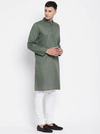 Even Apparels Green Color Linen Men's Kurta With Band Collar | Grocsy