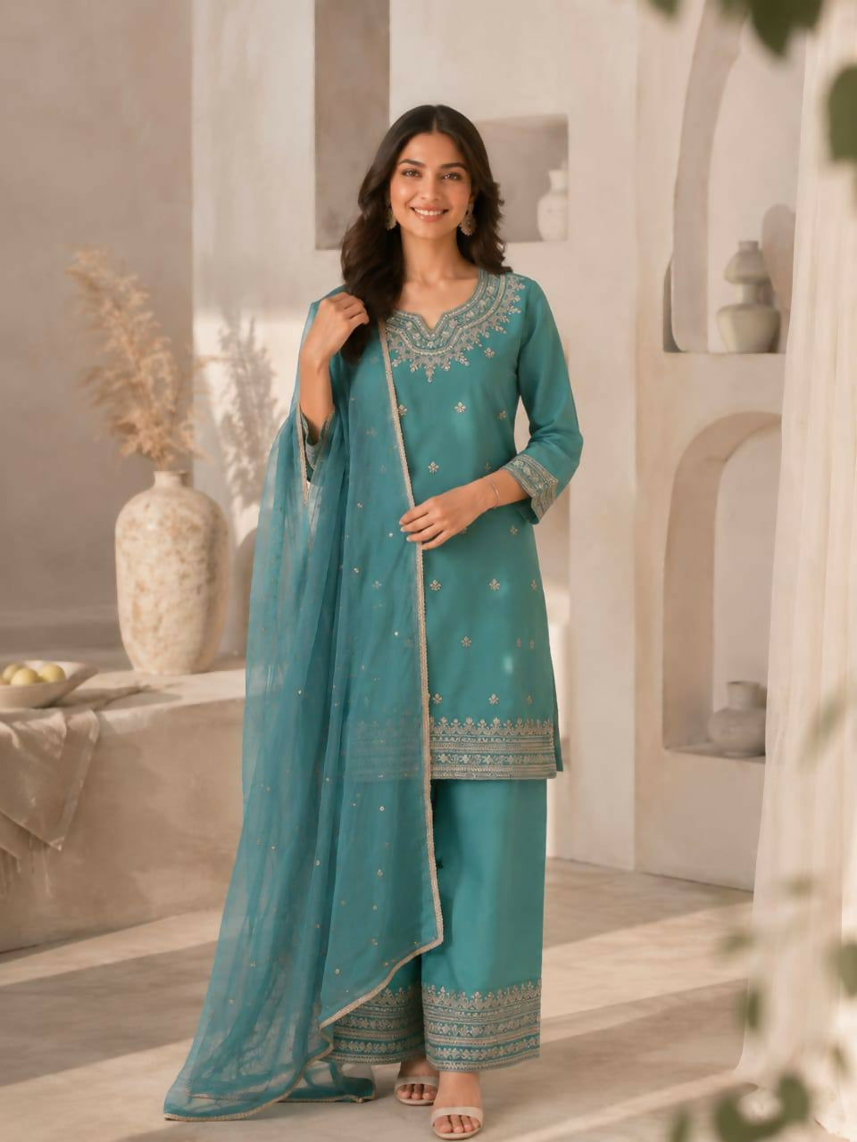 Teeya Creation Turquoise Blue Silk Embroidered Kurta Pant Set With Dupatta | Grocsy