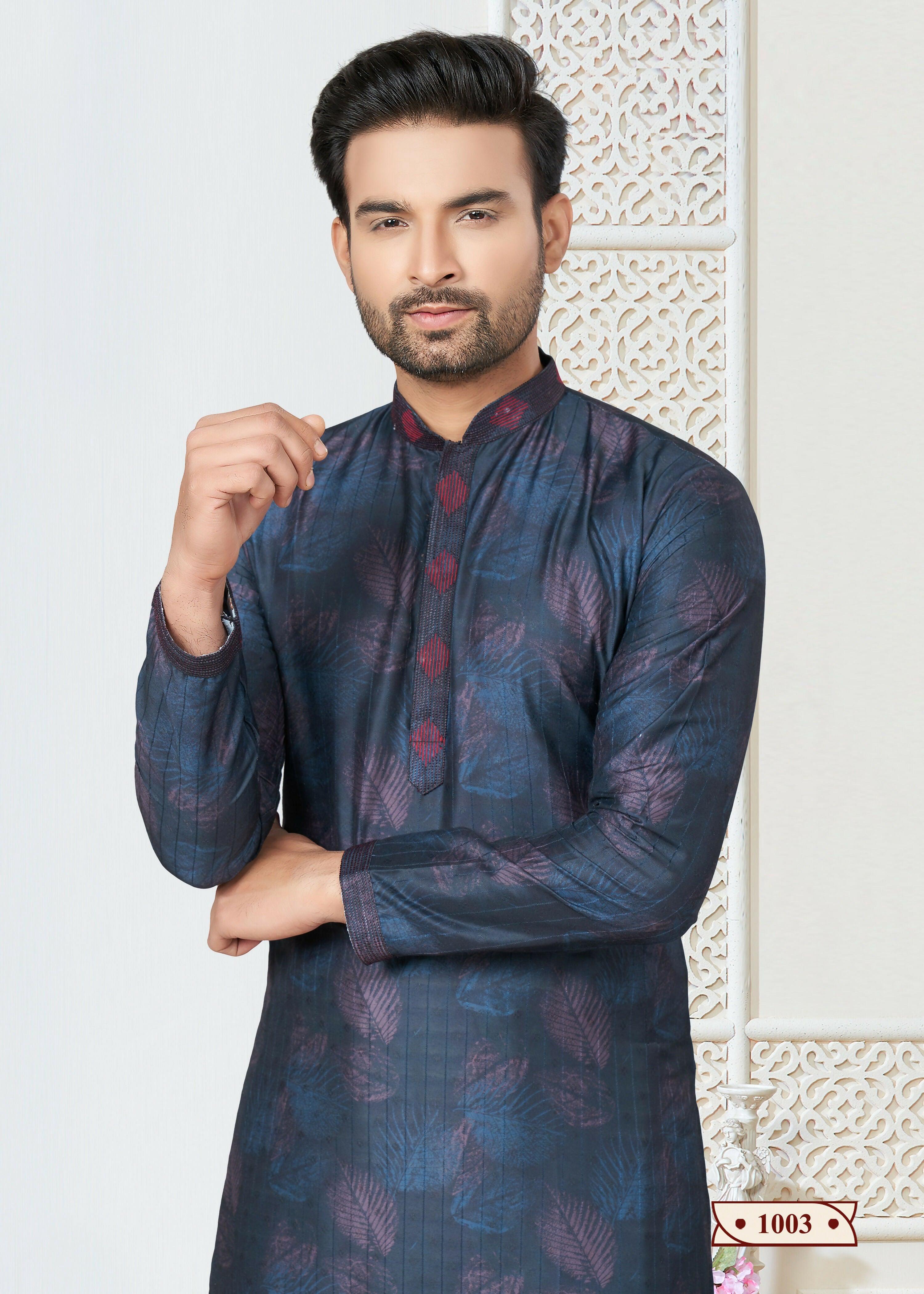 Joban Fashion Men's blue Cotton printed Kurta Pyjama set | Grocsy