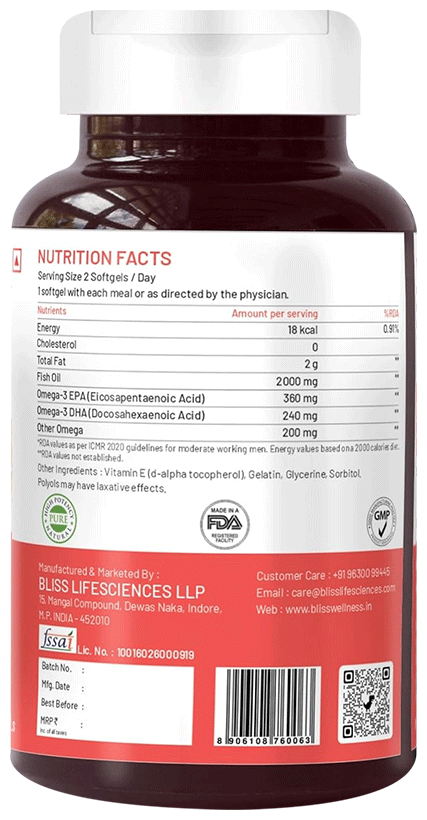 Bliss Welness Heart Health Arctic Fish Oil High Potency Omega-3 Softgel Capsule | Grocsy