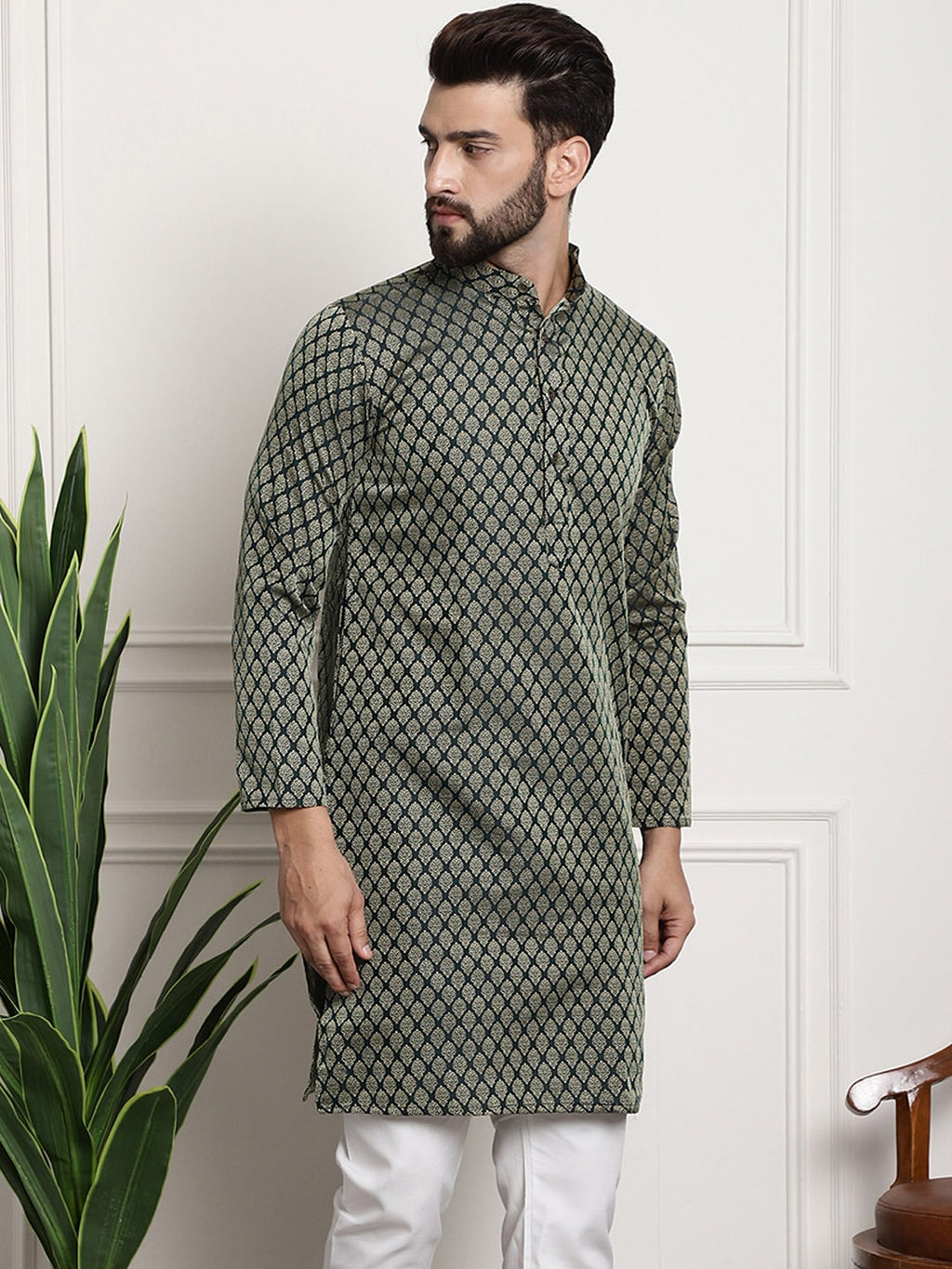 Sojanya Band Collar Ethnic Motifs Woven Design Kurta | Grocsy
