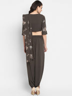 Janasya Women Grey & Silver Floral Print Top with Dhoti Pants & Dupatta | Grocsy