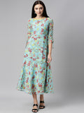 Souchii Blue Floral Printed Chiffon A-Line Midi Dress | Grocsy