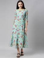 Souchii Blue Floral Printed Chiffon A-Line Midi Dress | Grocsy