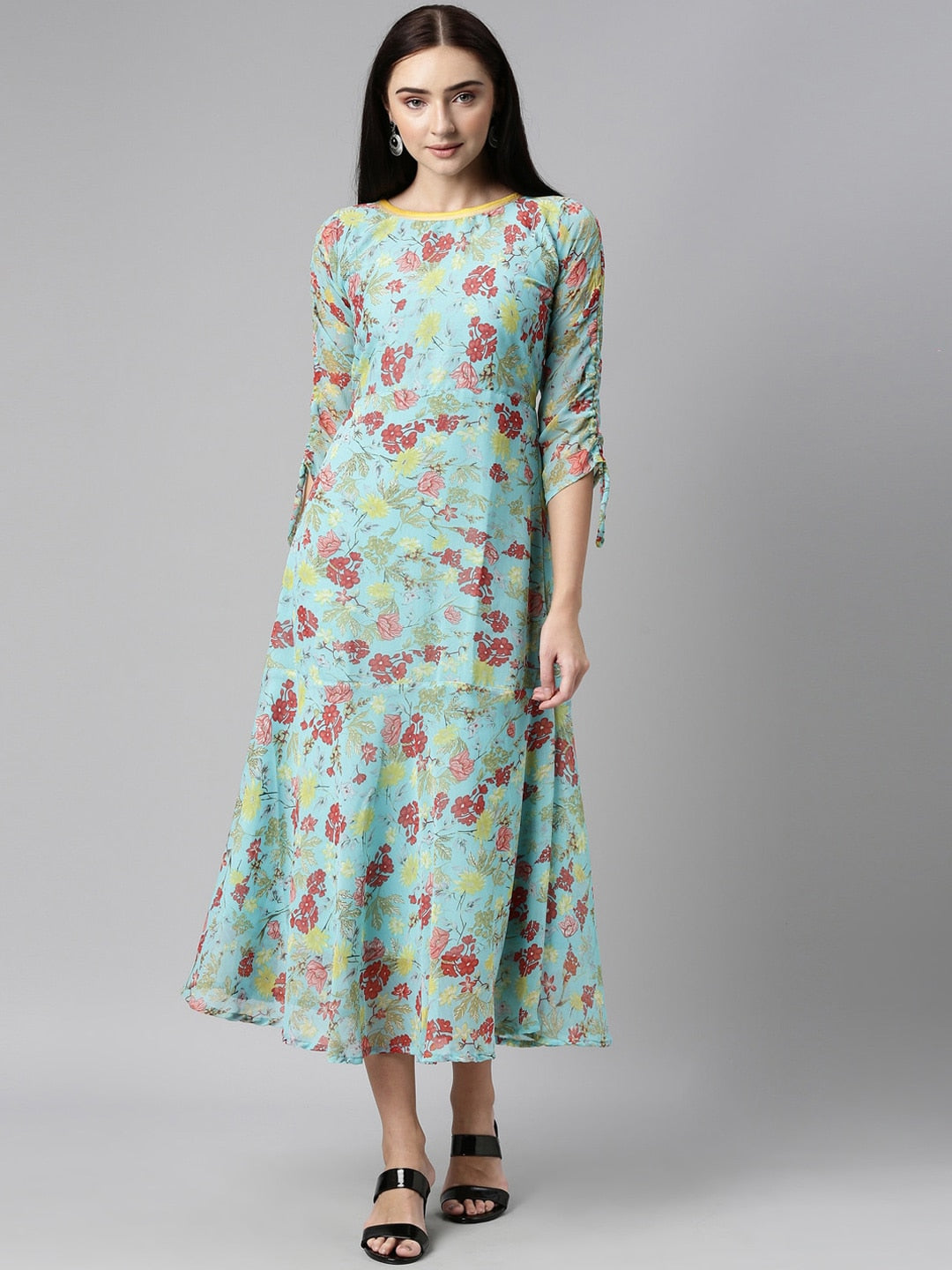Souchii Blue Floral Printed Chiffon A-Line Midi Dress | Grocsy