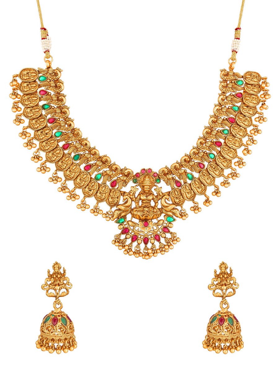 Aadita Gold-Toned Red & Green Stone-Studded Temple Jewelry Set | Grocsy
