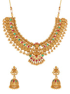 Aadita Gold-Toned Red & Green Stone-Studded Temple Jewelry Set | Grocsy
