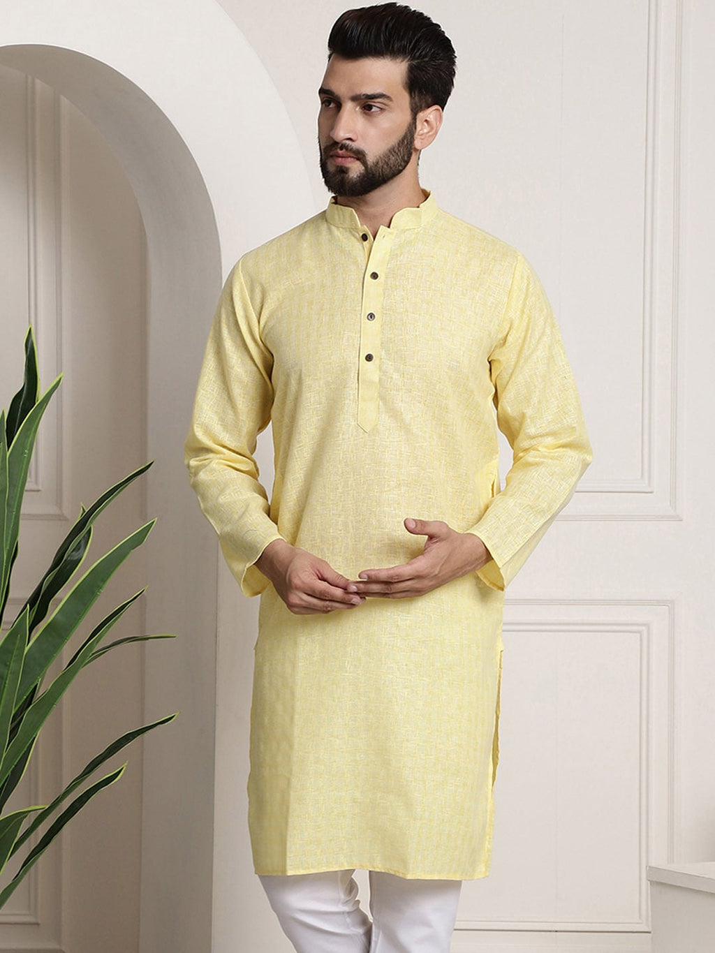 Sojanya Men Yellow Dobby Self-Checked Straight Kurta | Grocsy