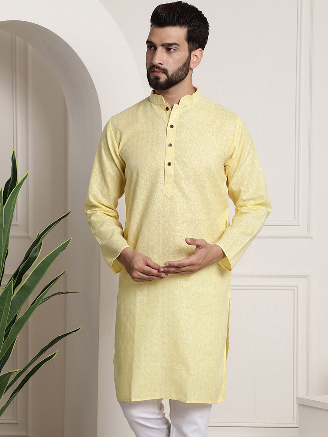 Sojanya Men Yellow Dobby Self-Checked Straight Kurta | Grocsy