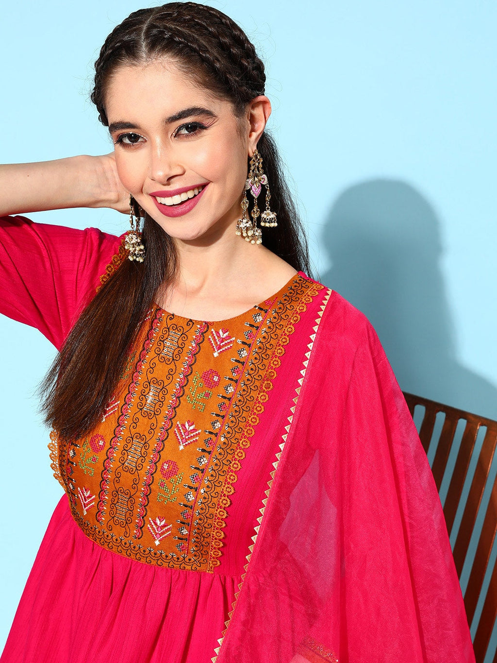 Sangria Ethnic Motifs Yoke Design Pleated Sequinned Kurta with Trousers & Dupatta | Grocsy