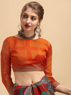 Sangria Grey & Red Beads and Stones Pure Linen Saree | Grocsy