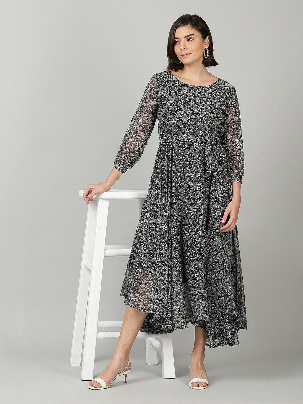 Souchii Women Grey & Black Ethnic Motifs Chiffon A-Line Midi Dress | Grocsy