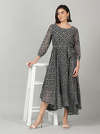 Souchii Women Grey & Black Ethnic Motifs Chiffon A-Line Midi Dress | Grocsy