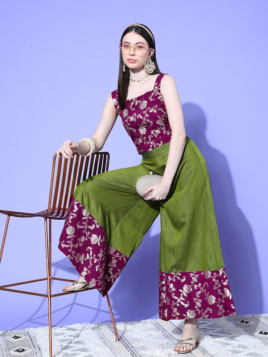 InWeave Women's Wine Brocade Strappy Top W Olive Wine Brocade Palazzo Set | Grocsy