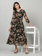 Souchii Black & Pink Floral Chiffon Midi Dress | Grocsy