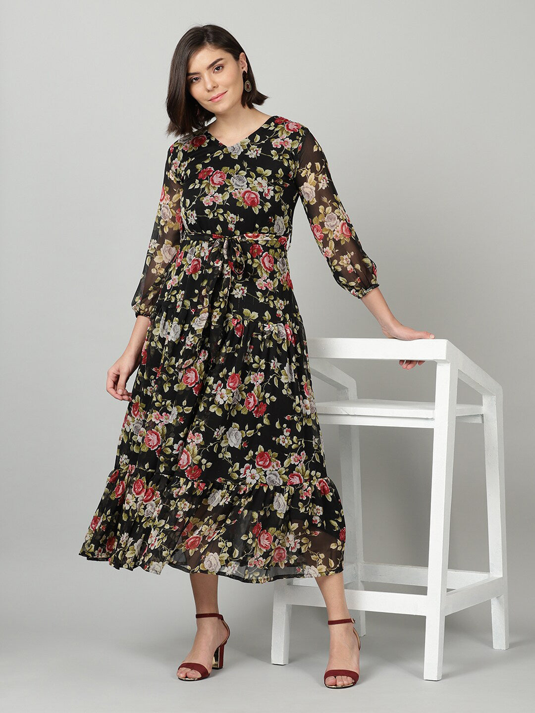 Souchii Black & Pink Floral Chiffon Midi Dress | Grocsy