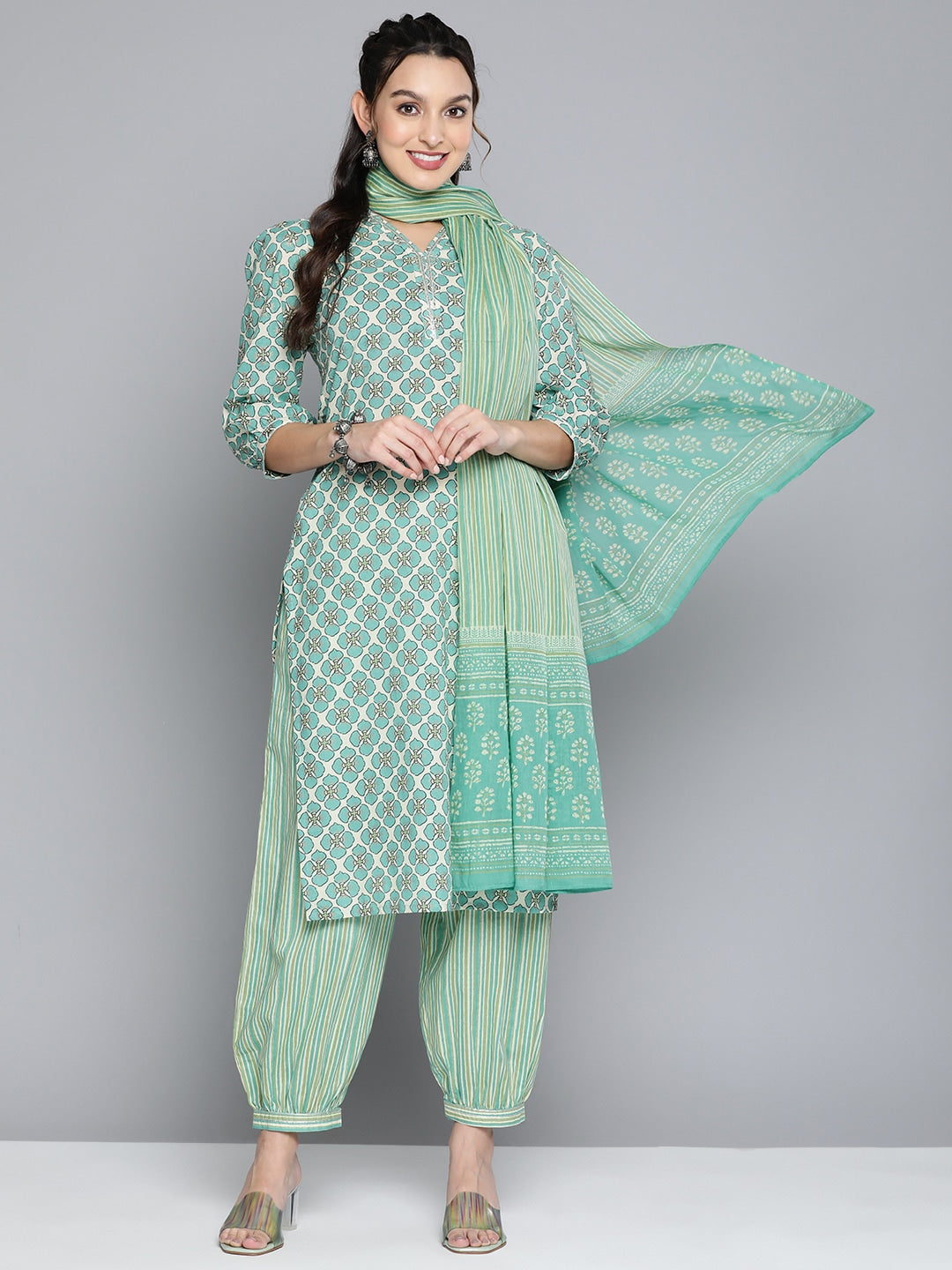 HERE&NOW Women Off White Ethnic Motifs Printed Pure Cotton Kurta with Palazzos & With Dupatta | Grocsy