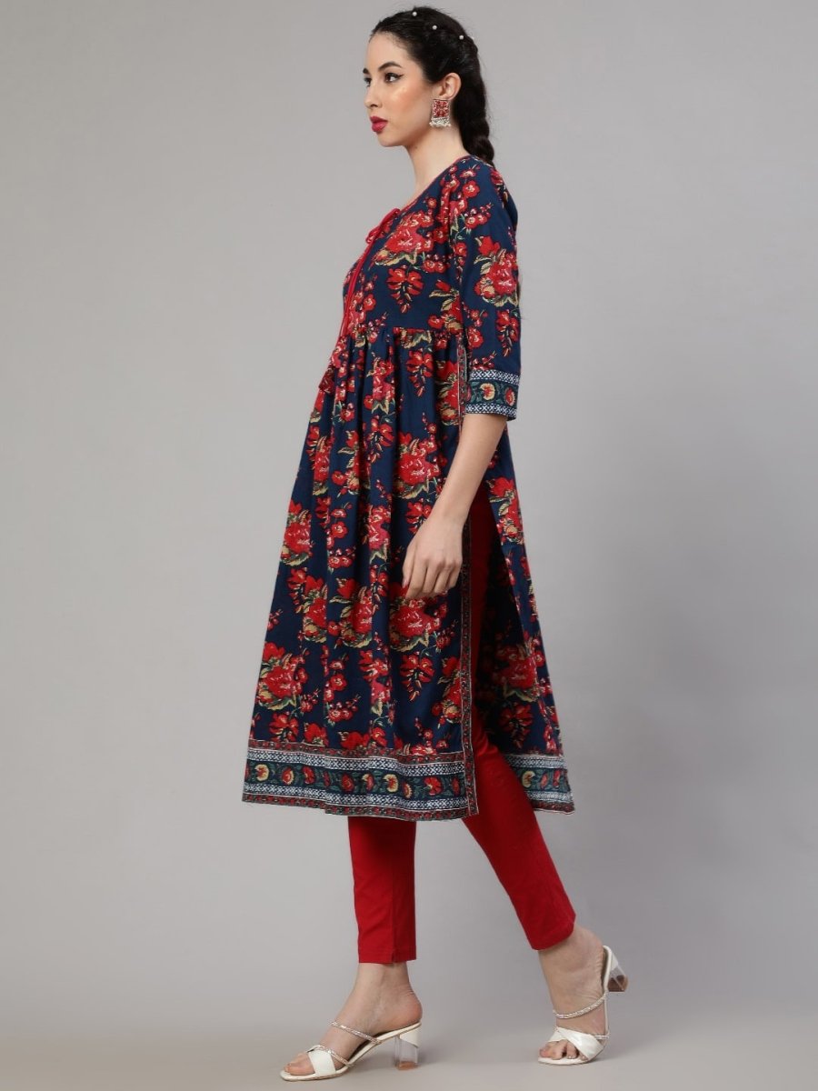 Aks Floral Printed Tie-Up Neck Pleated Cotton A-Line Kurta | Grocsy