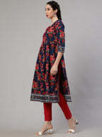 Aks Floral Printed Tie-Up Neck Pleated Cotton A-Line Kurta | Grocsy