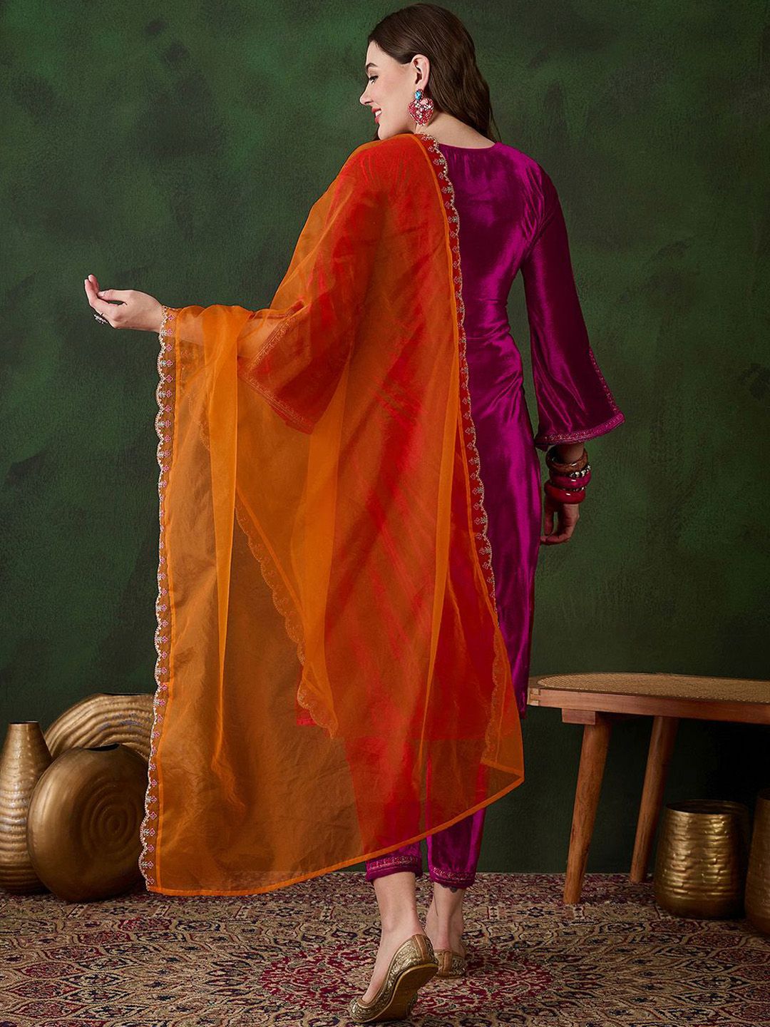 Sangria Embroidered Velvet Kurta & Trousers with Dupatta | Grocsy