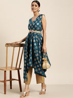 Sangria Women Teal Blue & Golden Ethnic Motifs Printed A-Line Kurta | Grocsy