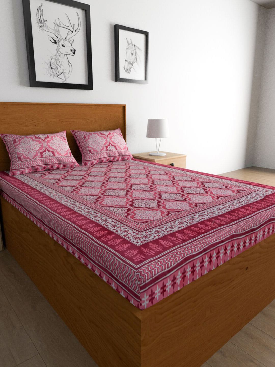 Urban Magic Pink Printed Cotton 104 TC King Bedsheet with 2 Pillow Covers | Grocsy