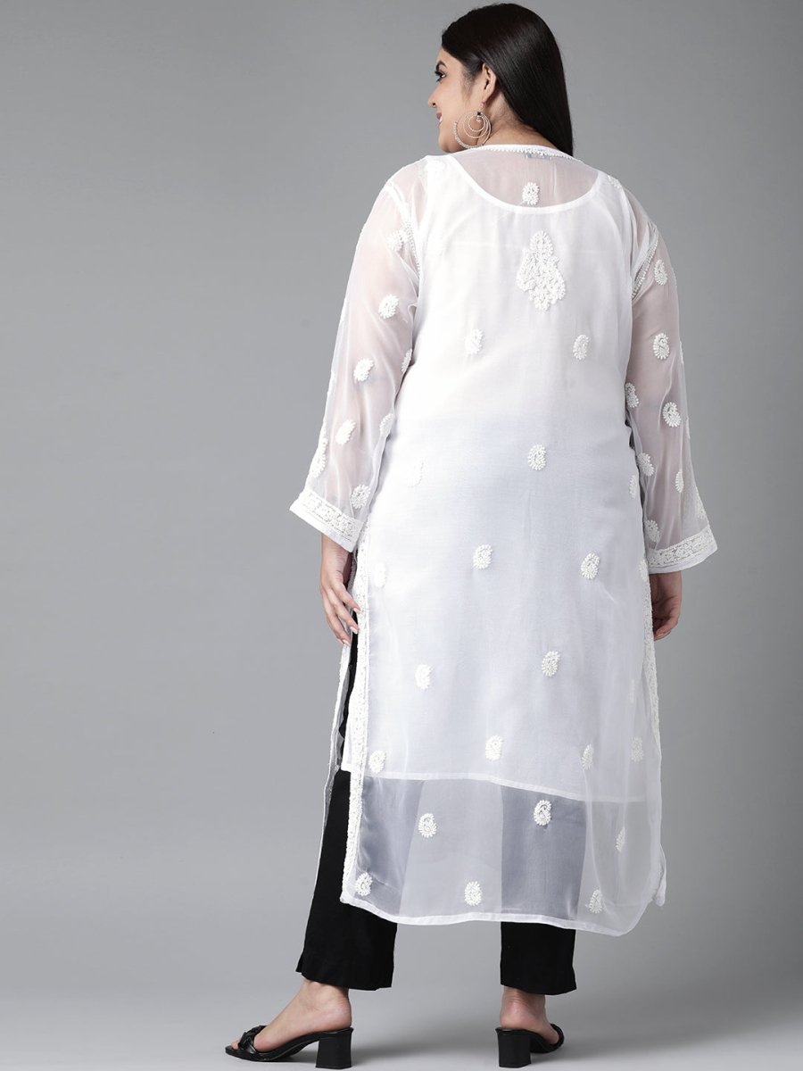 ADA Women Plus Size White Chikankari Embroidered Handloom Kurta with Inner | Grocsy
