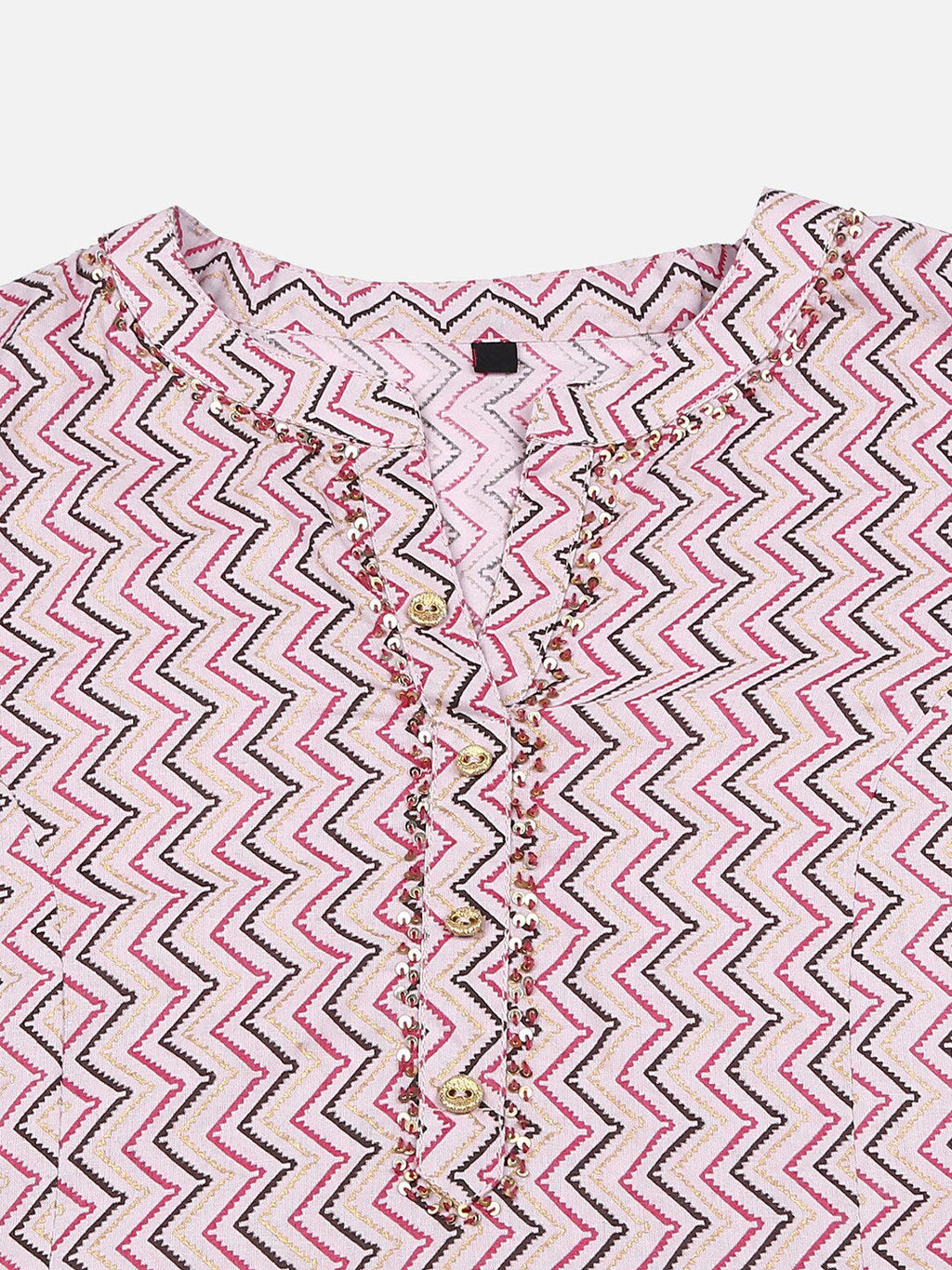 HERE&NOW Pink & Brown Chevron Printed Sequined Pure Cotton Kurta | Grocsy