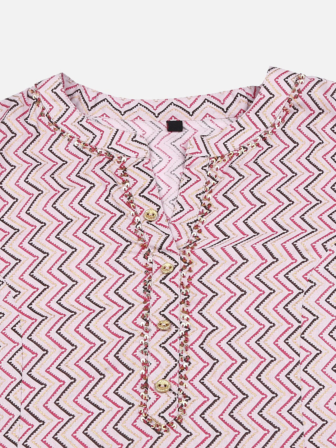 HERE&NOW Pink & Brown Chevron Printed Sequined Pure Cotton Kurta | Grocsy