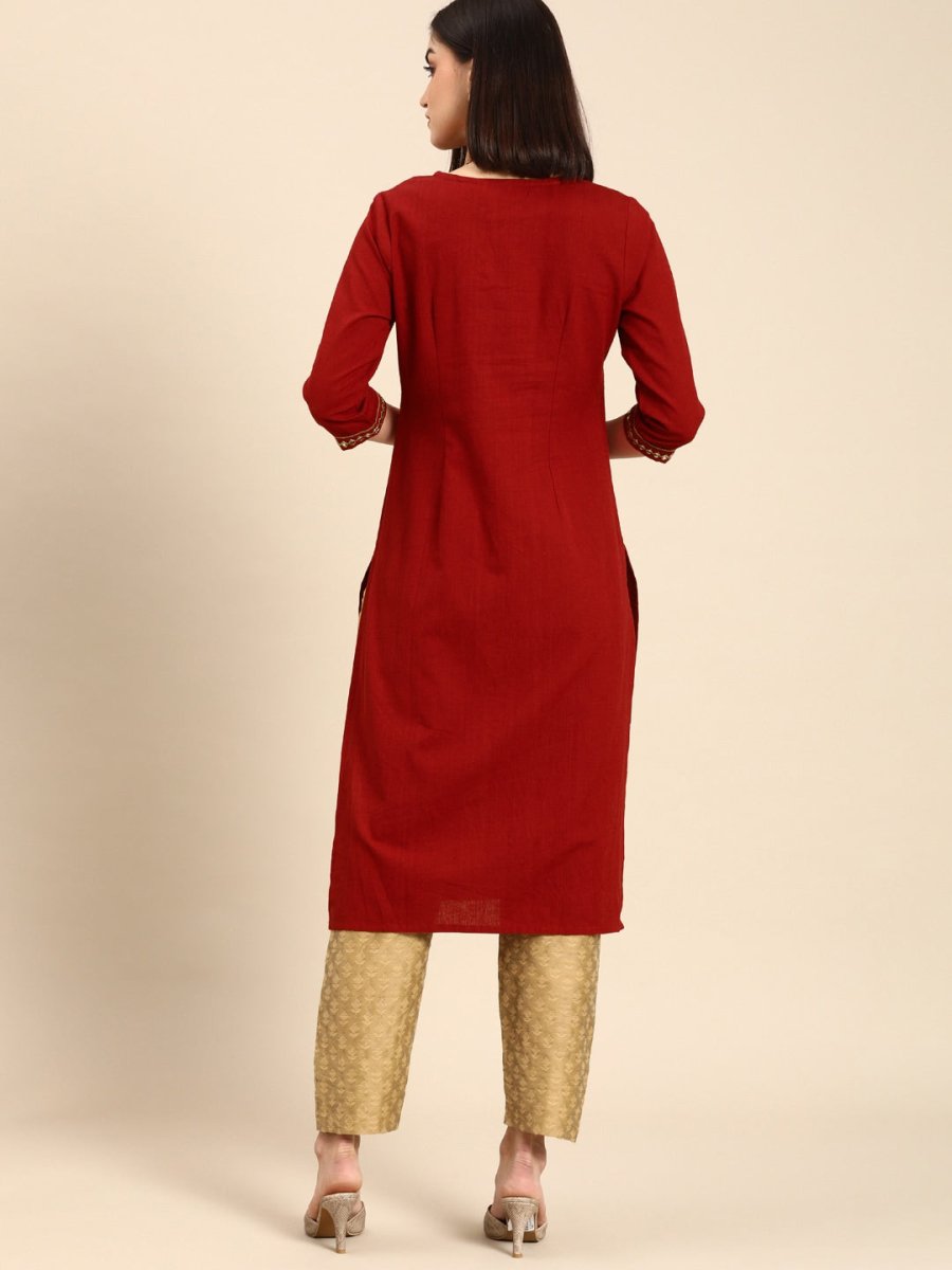 All About You Women Red & Gold-Toned Keyhole Neck Gotta Patti Kurta | Grocsy