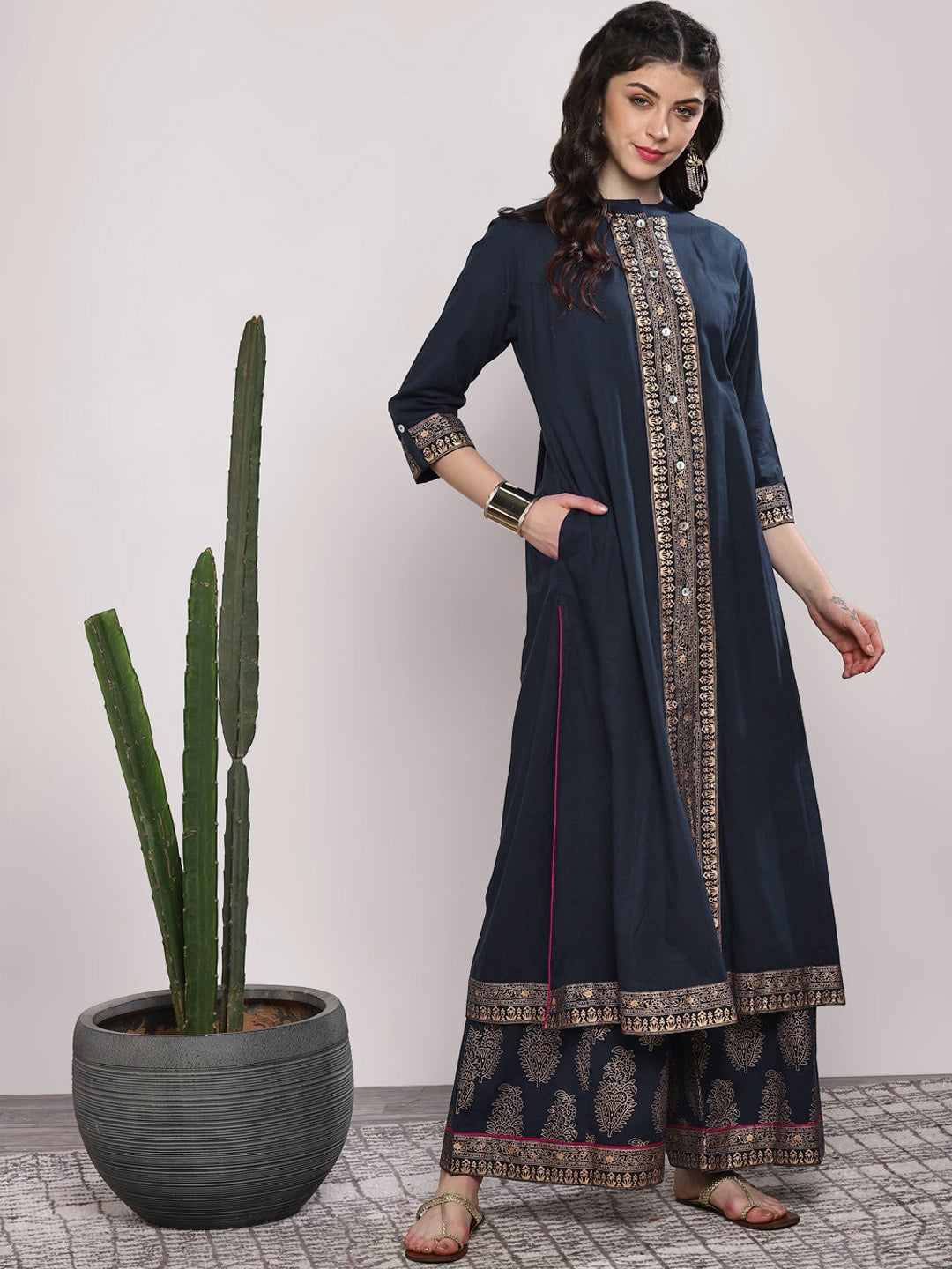 Sangria Women Navy Blue & Gold-Coloured Printed Kurta with Palazzos | Grocsy