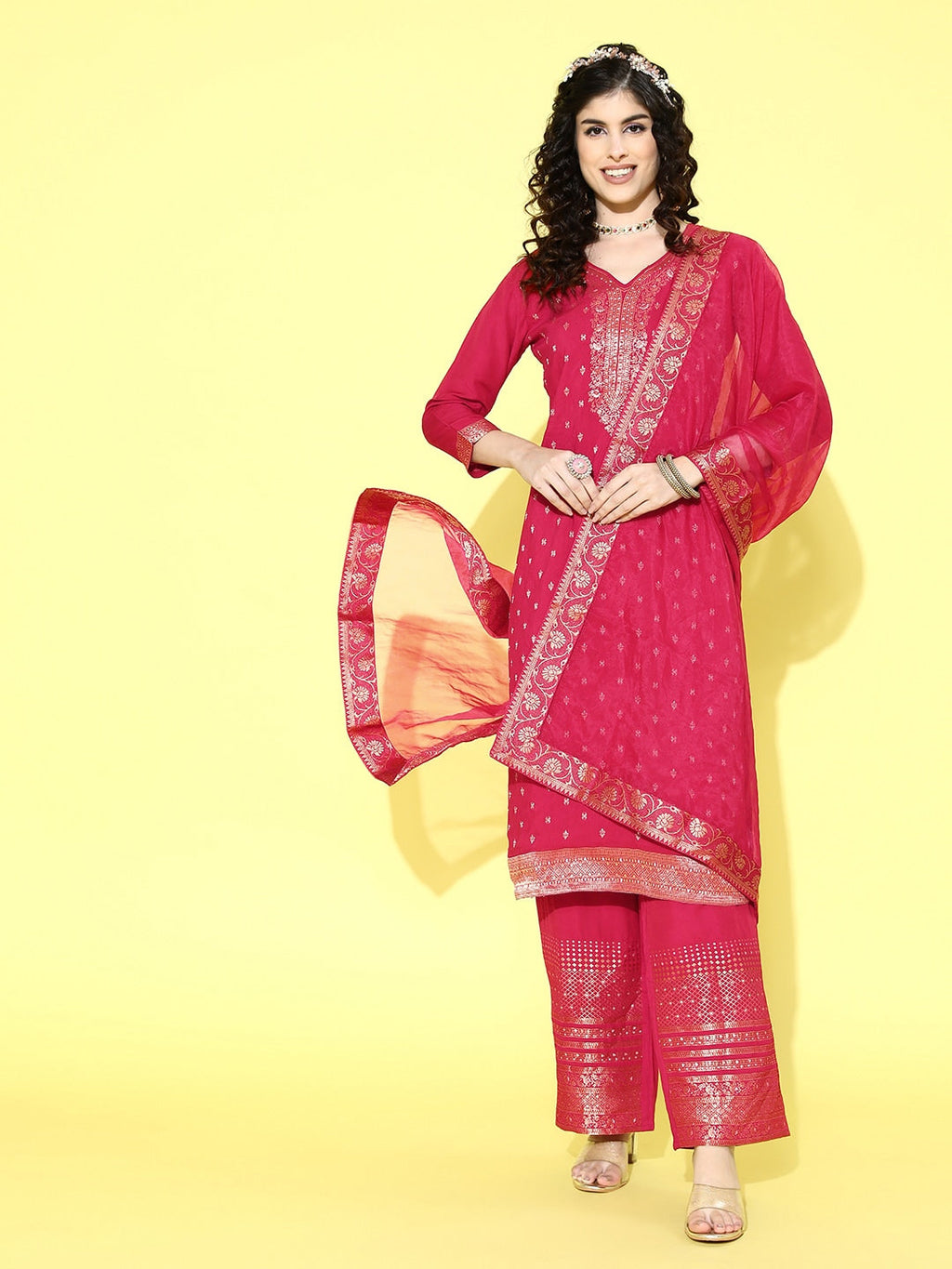 Sangria Floral Yoke Design Jacquard Kurta with Palazzos & With Dupatta | Grocsy